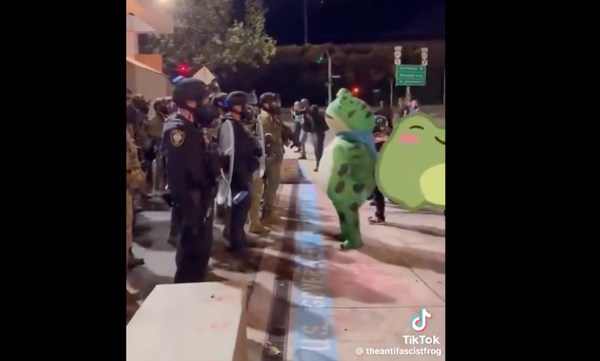 Some troops stand with shields and masks in Portland while a person in an inflatable frog costume thrusts at them.
